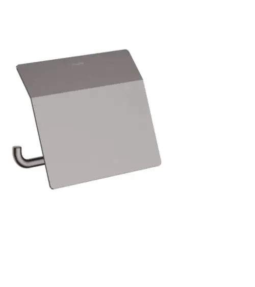 Hansgrohe Toilettenpapierhalter mit Deckel, in brushed schwarz verchromt, wandmontiert mit einem gekrümmten Aufhängungsmechanismus.